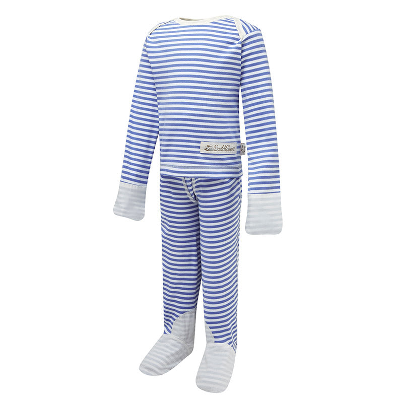 Funky striped eczema PJs with silk mitts and closed feet
