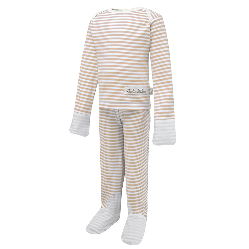 Funky striped eczema PJs with silk mitts and closed feet