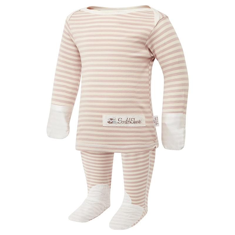 Funky striped eczema PJs with silk mitts and closed feet
