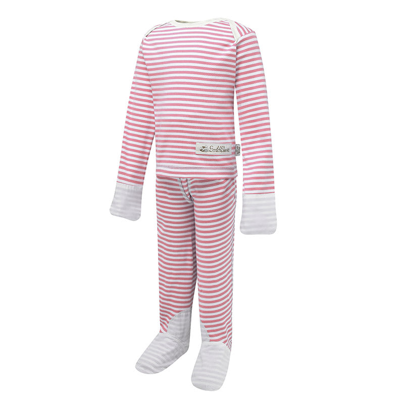 Funky striped eczema PJs with silk mitts and closed feet