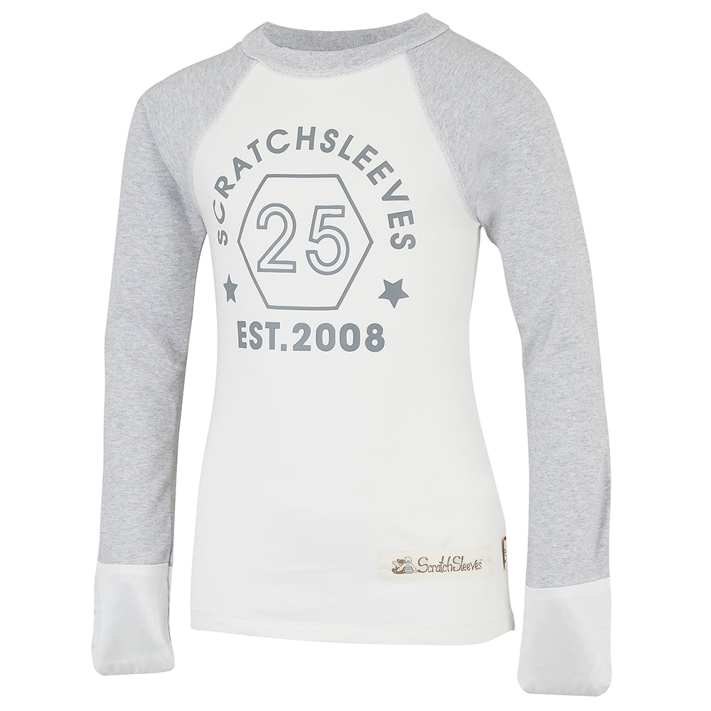 Eczema-friendly Scratch Sleeves baseball tops for children and teens, made from soft, breathable fabric with integrated mitts to help prevent skin irritation and scratching.
