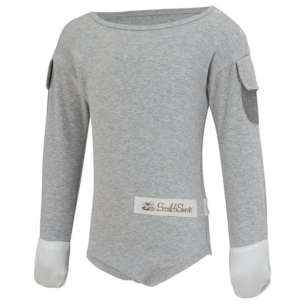 Bodysuit with silk flip-mitts for babies and toddlers with eczema