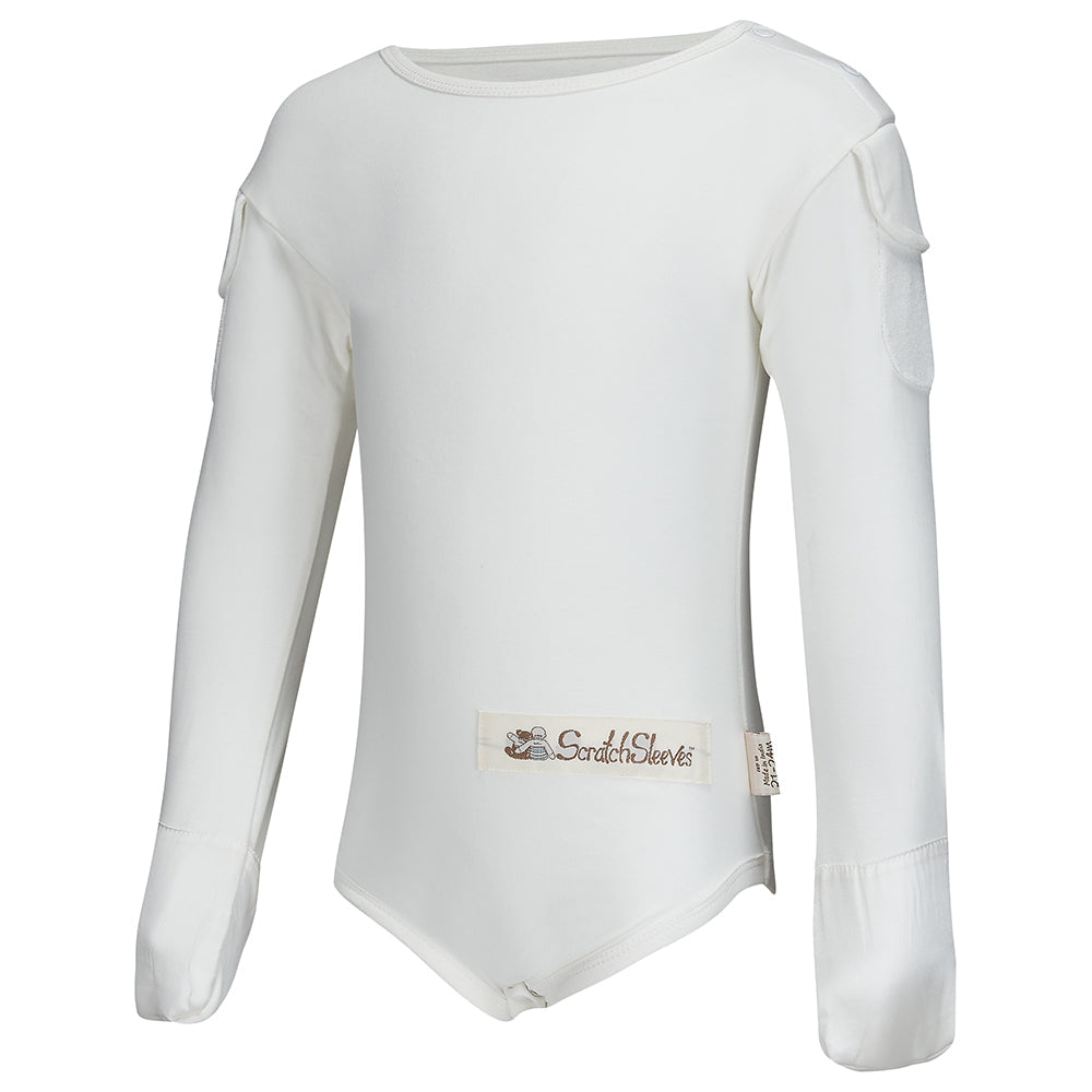 Bodysuit with silk flip-mitts for babies and toddlers with eczema
