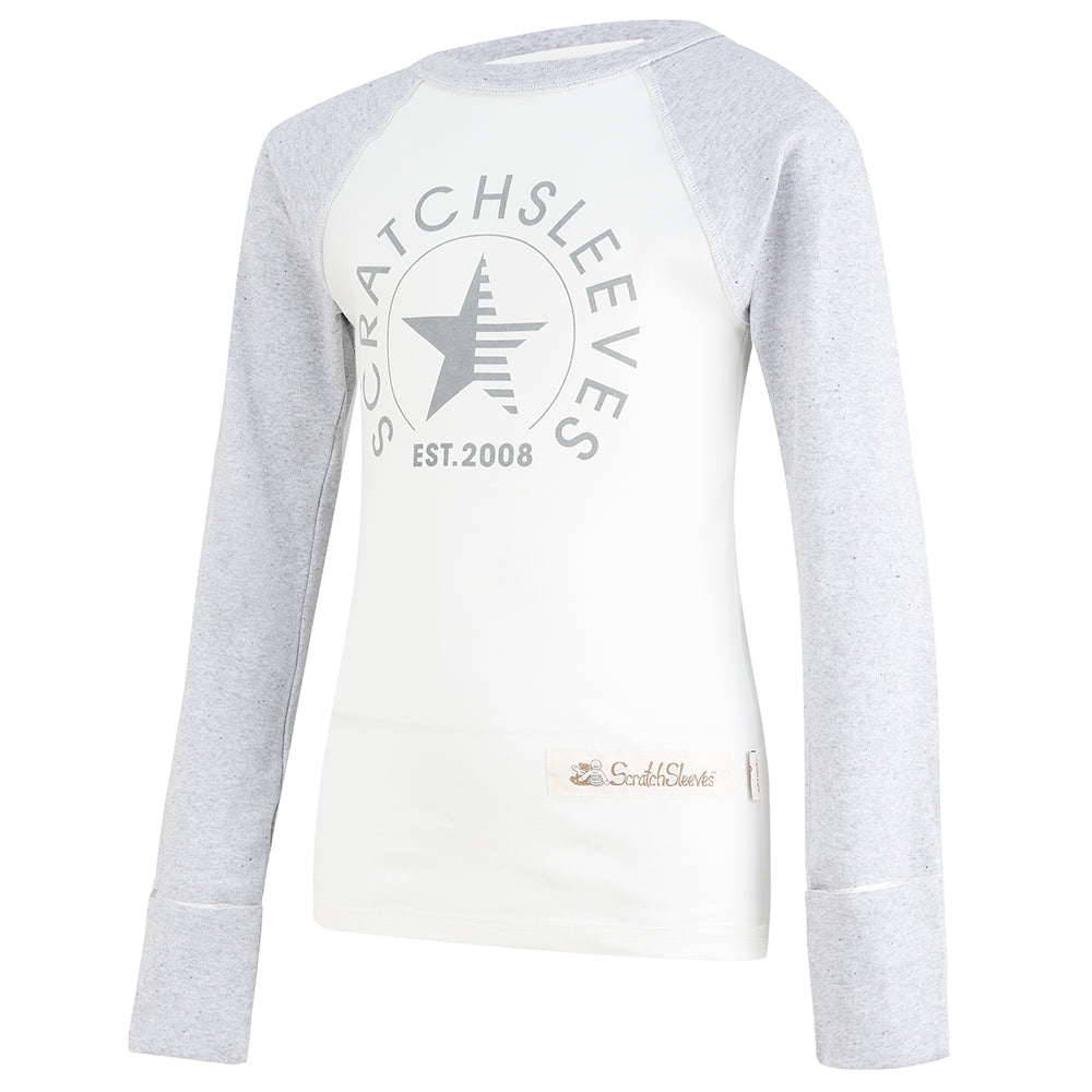 Baseball style PJs tops with opening silk mitts for kids with eczema