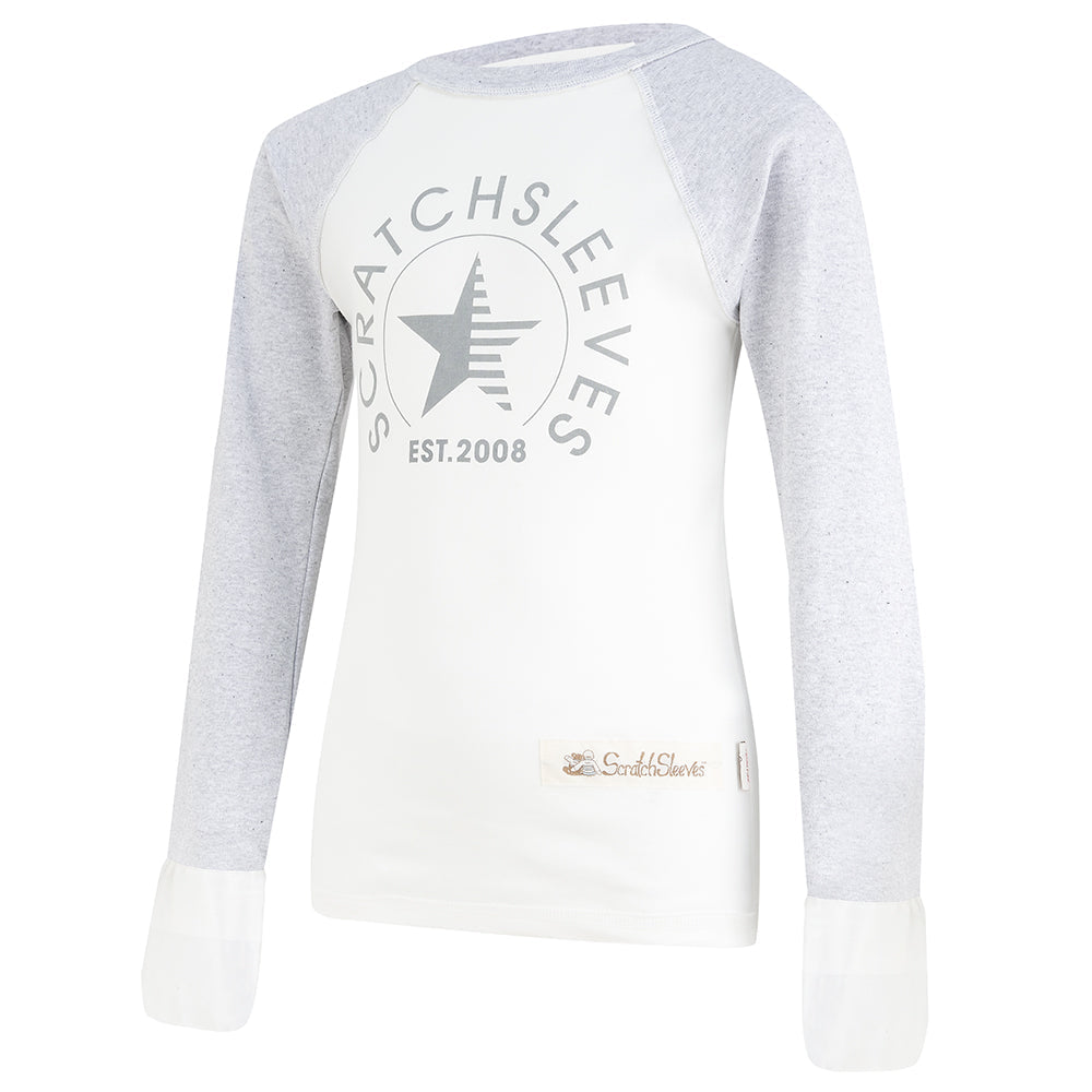 Baseball style PJs tops with opening silk mitts for kids with eczema