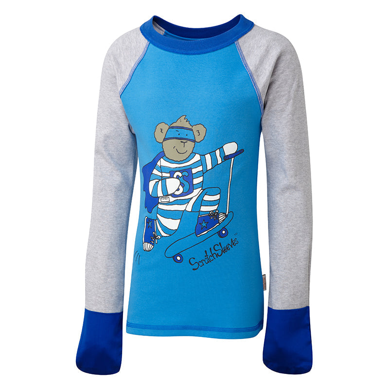 Eczema PJs tops with silk mitts and super hero print